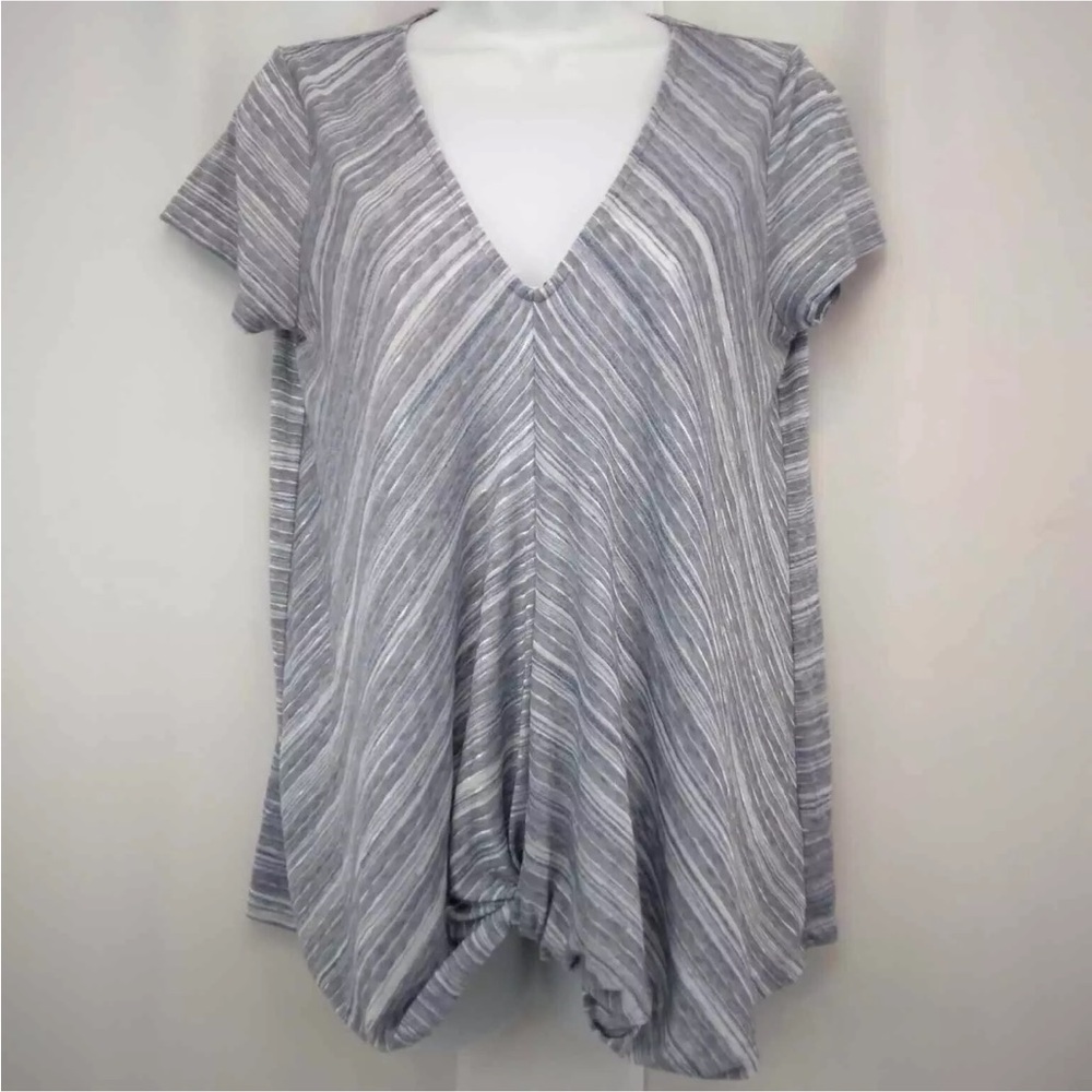 Hem & Thread Women's Large Gray Silver Metallic Stripe Knotted V-Neck Blouse
